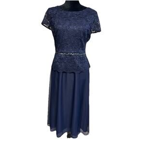 Sequin & Chiffon Mother of the Bride Dress Navy Blue Dress Beaded Lace Sz 10